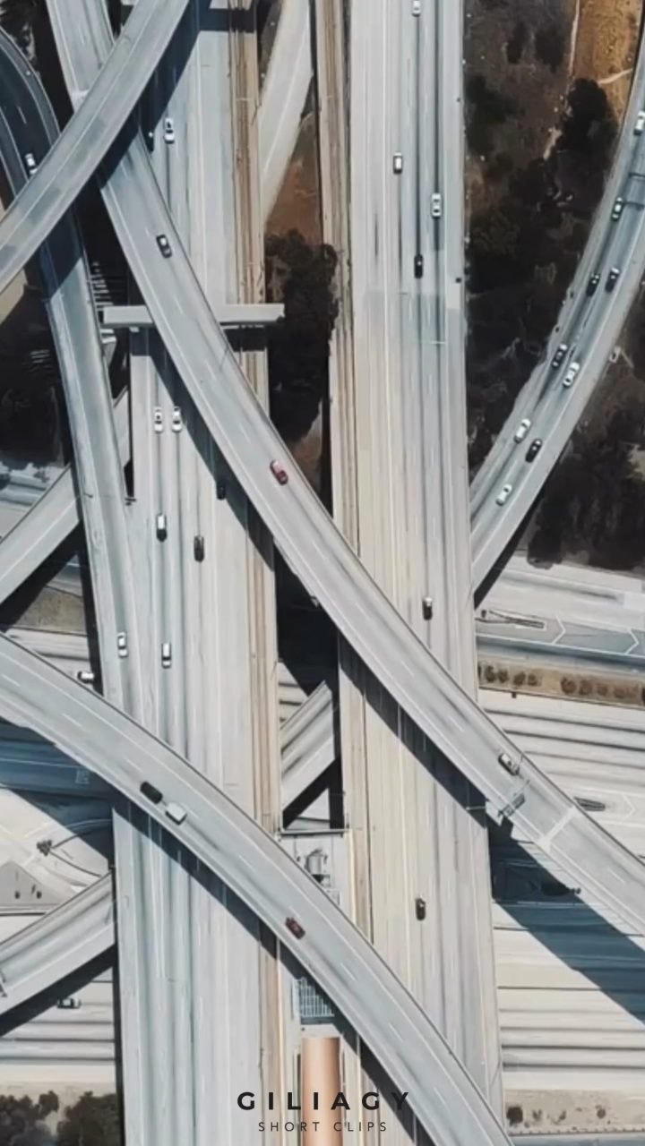 Aerial frame of a motorway interchange, shot from directly overhead